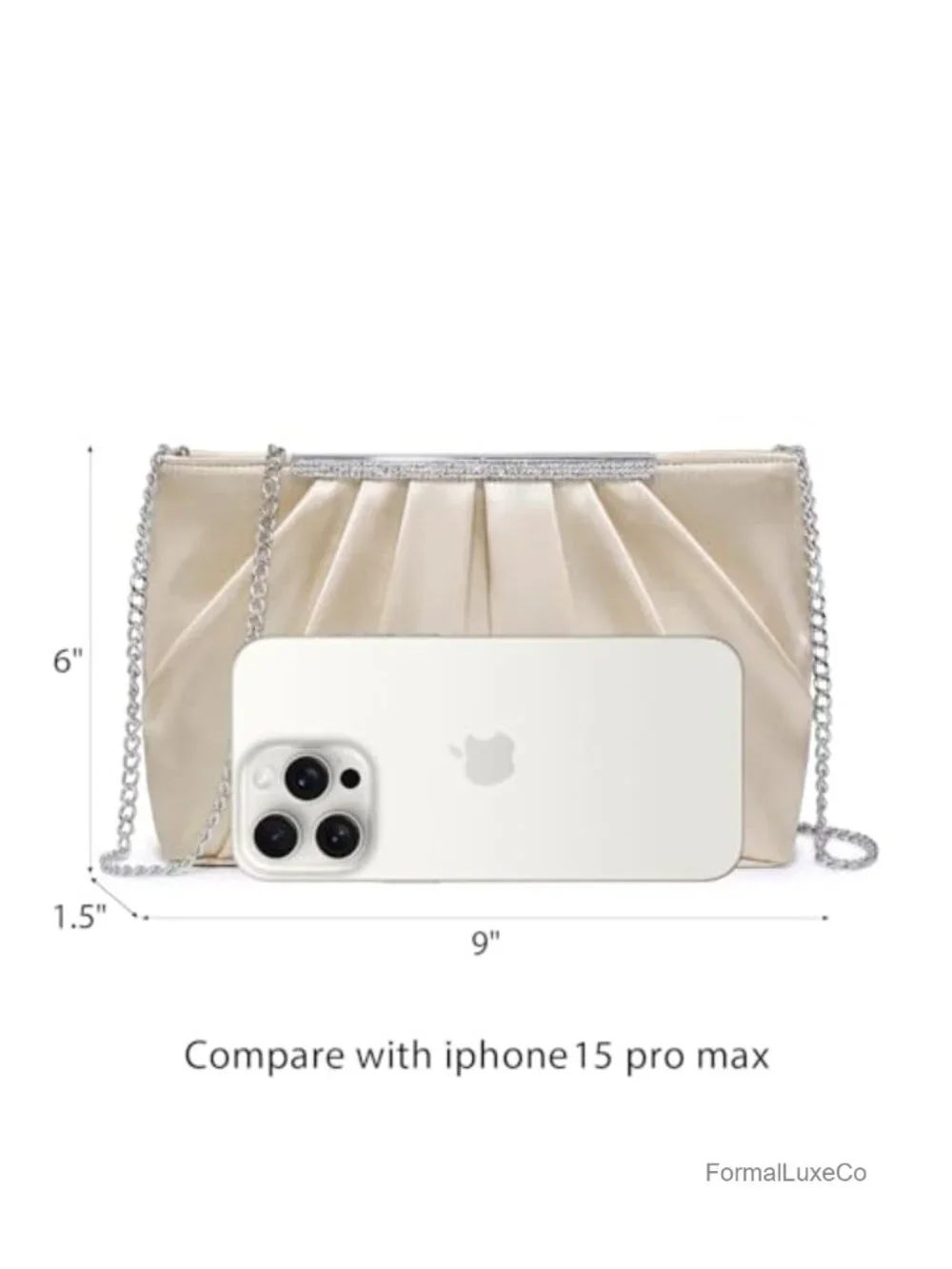 Elegant Pleated Evening Clutch with Rhinestones, Polyester, Detachable Chain